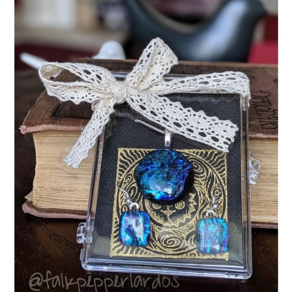 Blue Soft Glass Dichroic Pendant & Earring Set - Picture 1 of 4